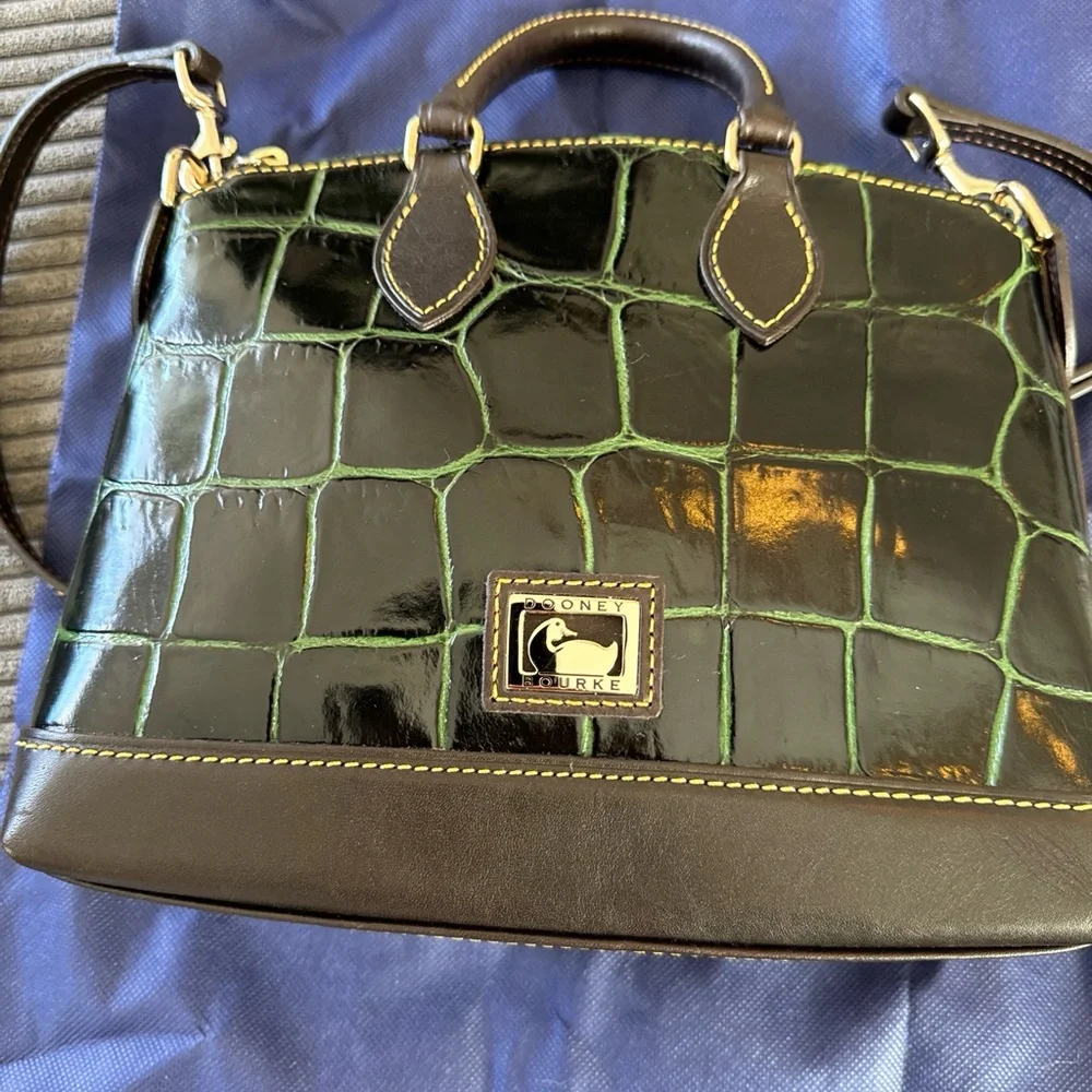 Dooney & Bourke Black and Green Croc-Embossed Leather Satchel - Picture 2 of 16